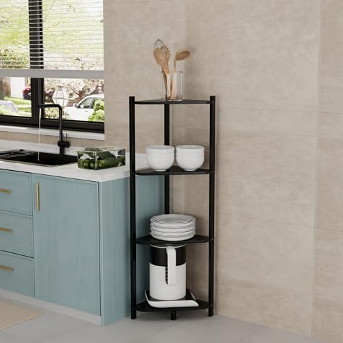 Wisuce Bamboo Small Corner Shelf Stand, 4-Tier Black Corner Bookshelf