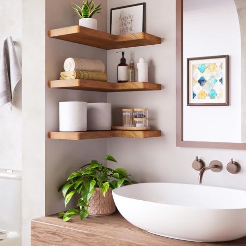 Fixwal Corner Floating Shelves for Wall Mounted Natural Solid Wood 16"x11.4" Farmhouse Home Decor Display Shelving Set o