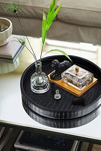 HofferRuffer Faux Leather Round Serving Tray, Vegan Croco Leather Decorative Tray, Food Tray for Storage Drinks, Snack &