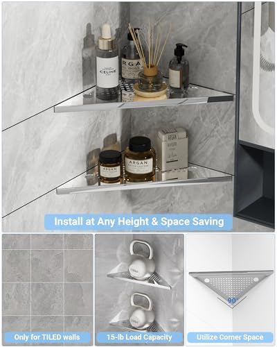Polished Chrome Corner Shower Shelves 2-Pack, 10" 304 Stainless Steel Recessed Shelf for Bathroom, Grout in Corner Shelf