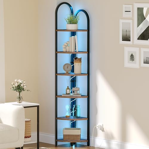 MAHANCRIS 6 Tier Corner Shelf with LED Light, 74.6'' Tall Corner Bookshelf Stand, Narrow Display Bookcase with Storage R