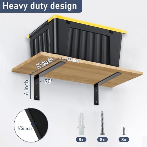 ELSKER&HOME Shelf Brackets 12 Inch 4 Pack Heavy Duty Black Metal L Brackets