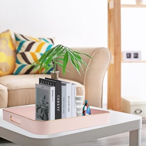 Gifturbo Pink Square Decorative Tray,Serving Tray with Handles with Gold Trimming Plastic Coffee Table Tray for Ottoman,