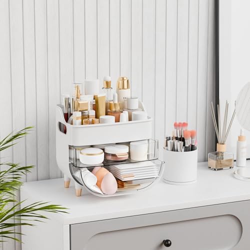 Yieach White Make up Organizer for Countertop,Vanity,Large Capacity Bathroom Makeup Skincare Organizers With Brush Holde