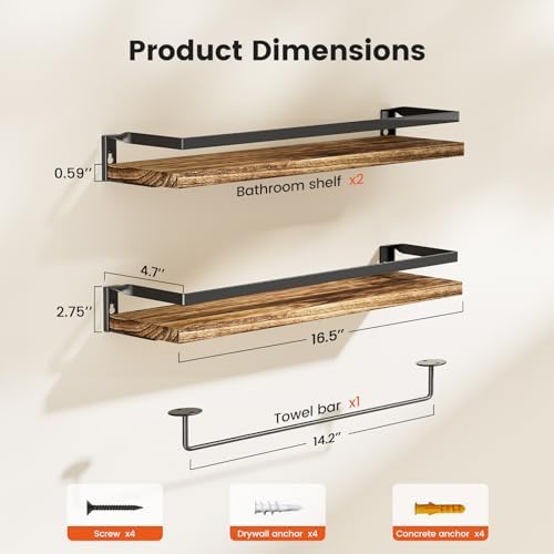 Amada Bathroom Shelves with Towel Bar, Set of 2, Rustic Brown