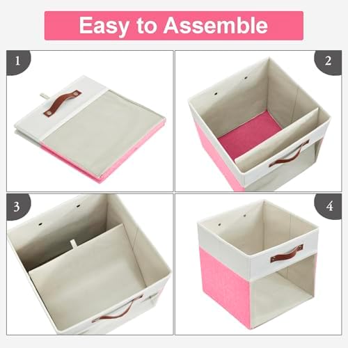 Bagnizer Storage Cubes, 4 Pack Linen Foldable Storage Bins with Clear Window and 2 Handles, 13x15x13 Storage Cube Bins for Shelf Closet, Kallax, Clothes, Books - (Pink / Off-White)