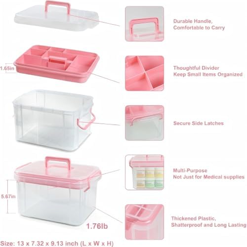 HEY FOLY Set of 2 Medicine Organizer - Plastic Storage Box with Handle Pink