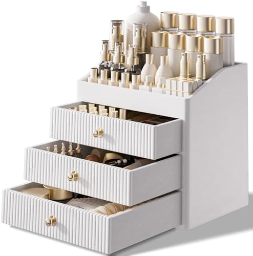 LADSTAG Vanity Organizers,Luxury Skincare Organizer with 3 Tier Drawers,Beige White Large Capacity Cosmetic Organizer Co