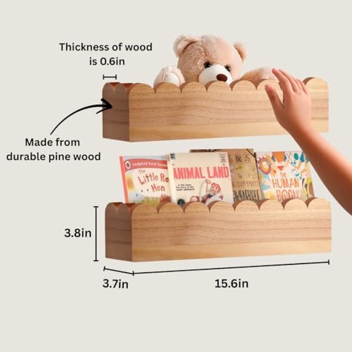 Scalloped Shelves - Set of 2 Pre-Assembled 15.6inch Floating Nursery Book Shelves, Scalloped Book Shelf - Kids Wall Bookshelf, Nursery Decor, Floating Shelves for Wall