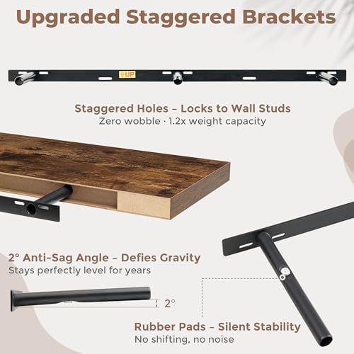 FLYJOE 55 Inch Floating Shelves for Wall Set of 2, 6.5" D Wood Grain Bathroom Shelves with Invisible Brackets, Easy Inst