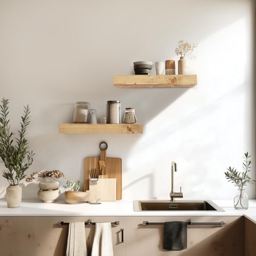 Floating Shelves, 17 Inch Wall Mounted Shelves, Set of 2, Oak