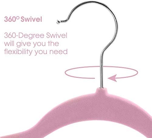 Elama 100 Piece Set of Velvet Slim Profile Heavy Duty Felt Hangers with Stainless Steel Swivel Hooks in Pink