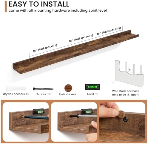 Fun Memories Picture Ledge Shelves Set of 2, 55 Inch Rustic Wall Mounted Floating Shelves with Lip for Home Storage and 
