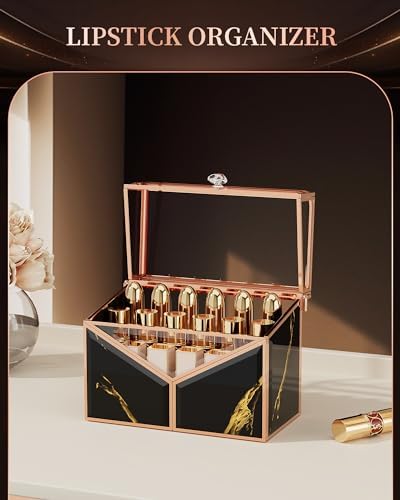 CoralHouse Lipstick Organizer - Black Glass Lipstick Holder & Nail Polish Organizer, 18-Slot Vanity Cosmetic Organizer w