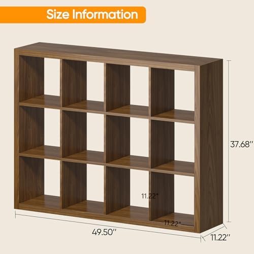 furtble Bookshelf with Storage Bins, 12-Cube Storage Organizer, Modern Wood Open Bookcase, Multifunctional Display Shelf
