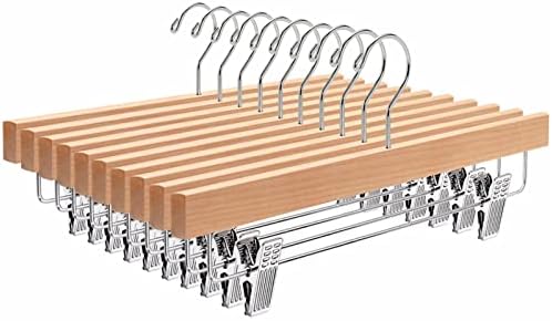 Amber Home 10 Pack Natural Wooden Pants Hangers with Adjustable Clips, 14"