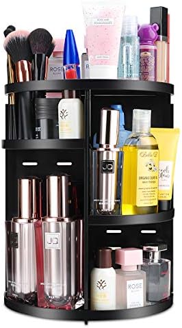 360 Spinning Makeup Organizer, Round Storage Rack Makeup Carousel Cosmetics Shelf Tower for Countertop and Bathroom, Bla