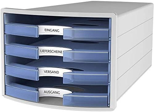 Han 1013-64 Impuls Drawer Box DIN A4/C4 4 Open Drawers Light Grey/Translucent Blue