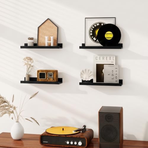 Dreamland Picture Ledge Shelf for Wall, Floating Shelves Set of 4,16 inch Long Floating Shelves with Lip for Living Room,Bedroom,Bathroom,Kitchen,Black