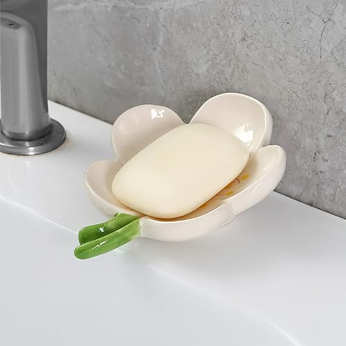 Self-Draining Soap Dish Ceramic Cute Bar Soap Holder for Countertop, Kitchen, Bathroom, Bedroom, Peach Blossom, White