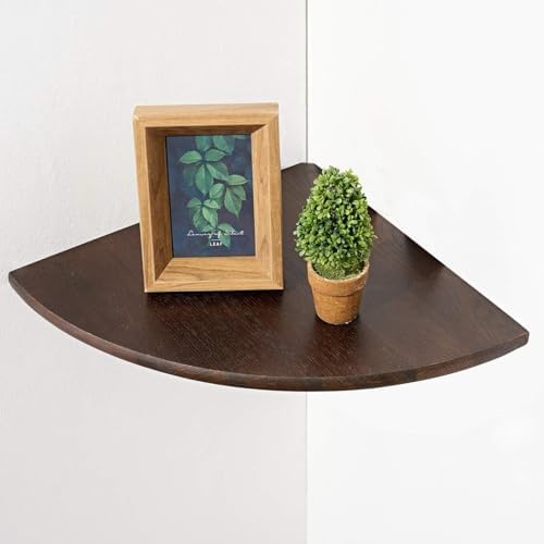 Corner Shelf,12inch Walnut Solid Wood Floating Corner Shelves Wall Mount Round End Floating Speaker Rack with Wire Hole 