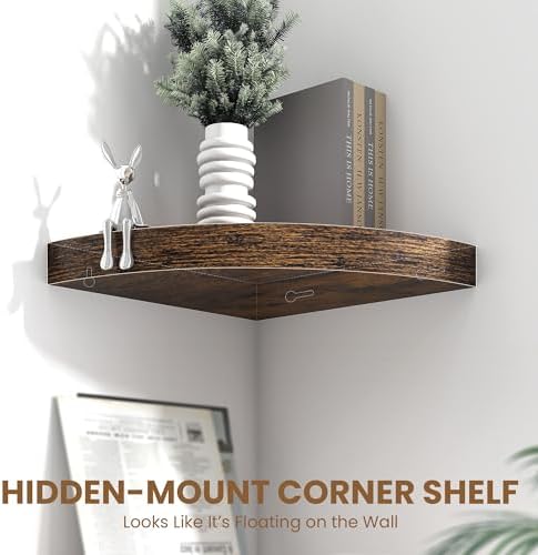 Fun Memories Floating Corner Shelves Set of 2 - Rustic Wood Wall Mounted Storage and Display Shelves for Living Room, Be