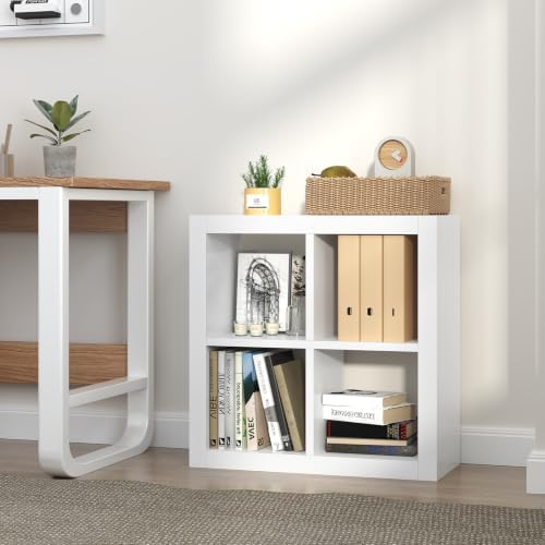 furtble Bookshelf with Storage Bin, 4-Cube Storage Organizer, Modern Wood Open Bookcase, Multifunctional Display Shelf f