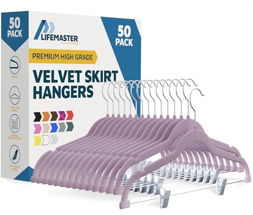 Lifemaster Velvet Skirt Hangers – with Adjustable Clips, 360 Degree Swivel Hook, and Non-Slip Shoulder Notch, Holds Up to 10 lbs, for Organizing Skirt, Pants, Dress, and Clothes, Pack of 50, Purple