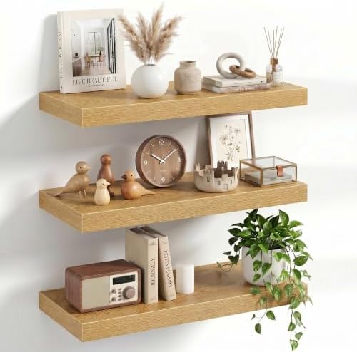 20" Floating Shelves for Wall, Set of 3, 8" Deep, 1.5" Thick, Oak Finish