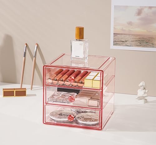 AJIODA Makeup Drawer Organizer Box with 3 Drawers, Acrylic Cosmetic Display Case Vanity Organizer Jewelry Storage Box St