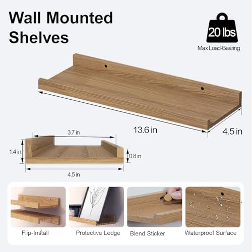 Oak Floating Shelves for Wall Decor, 14 in Shelf with Lip Set of 2