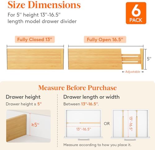 Lifewit 5" Tall Bamboo Drawer Dividers, Adjustable Deep Drawer Organizers