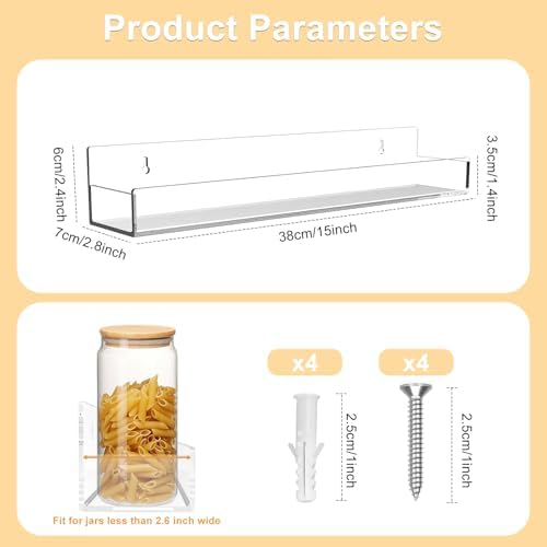 2-Pack Acrylic Spice Rack 15 Inch Wall Mount with Removable Guards