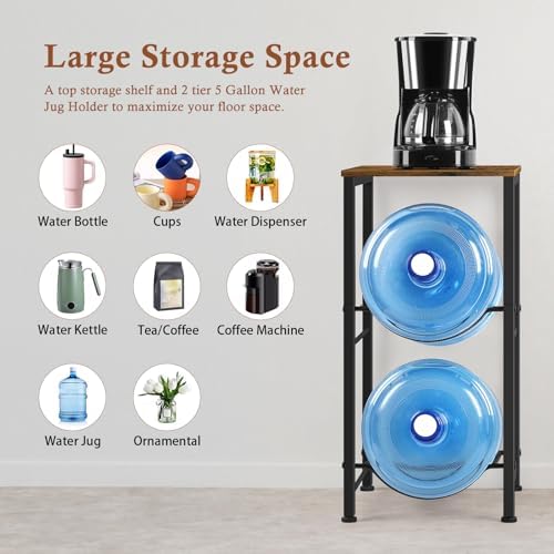 5 Gallon Water Jug Holder with Top Shelf, 2 Tier Water Dispenser Rack Stand 5 Gallon Water Bottle Storage Organizer for 
