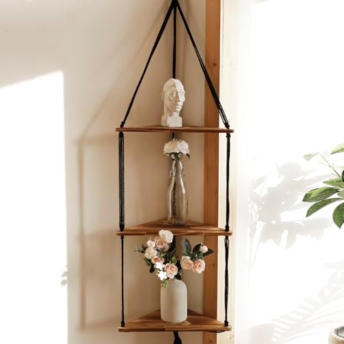 Artilady Corner Shelf Macrame Wall Hanging, 3 Tier Black Boho Storage Decor