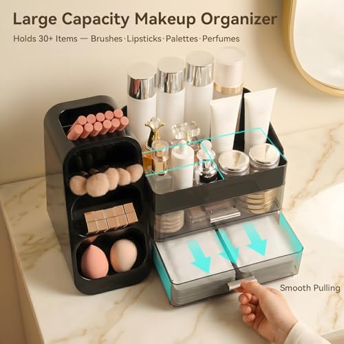 Makeup Organizer for Vanity with Brush Holder and 2 Drawers, Black