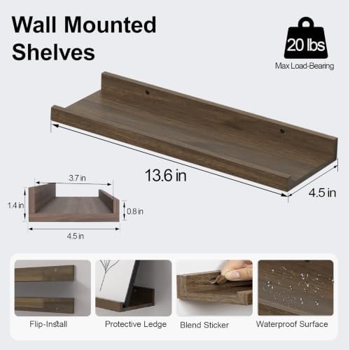 Walnut Floating Shelves for Wall Decor, 14 in Shelf with Lip, 2 Set
