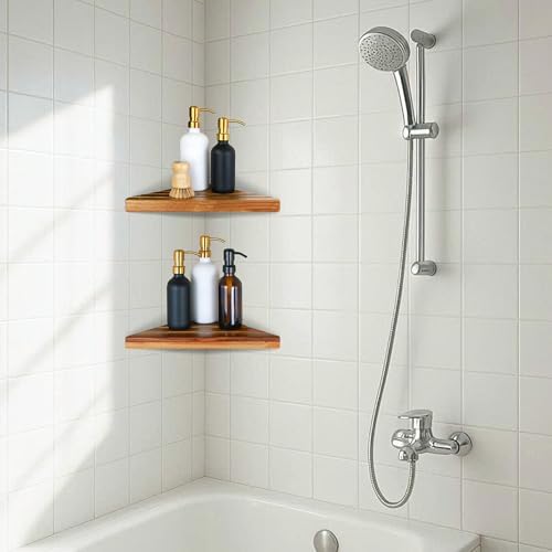 ENKEZI Acacia 2,3 Tiers Corner Shower Shelf, Triangular Corner Shelf Wooden Bathroom Shelf for Tiled Wall, Shower Corner