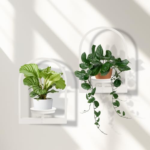 Floating Shelves for Wall Plant Stand Indoor Set of 2, White Wall Plant Holder - Premium Metal Hanging Plant Holder for 