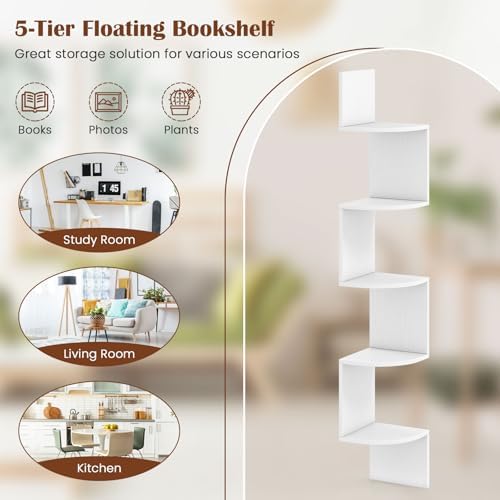 GOFLAME Corner Shelf Wall Mounted Set of 2, 5-Tier Floating Corner Bookshelf, Wood Plant Stand, Modern Floating Display 