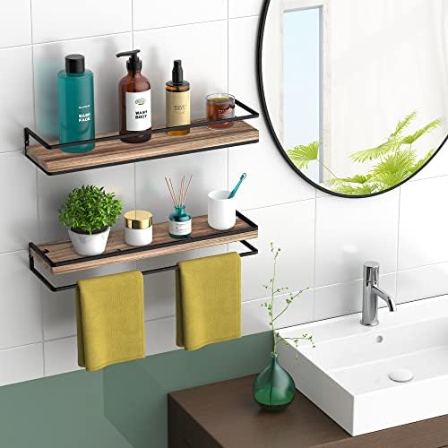Meangood Floating Shelves Wall Mounted Set of 2, Rustic Wood Wall Storage Shelves for Bedroom,Living Room,Bathroom, Kitc