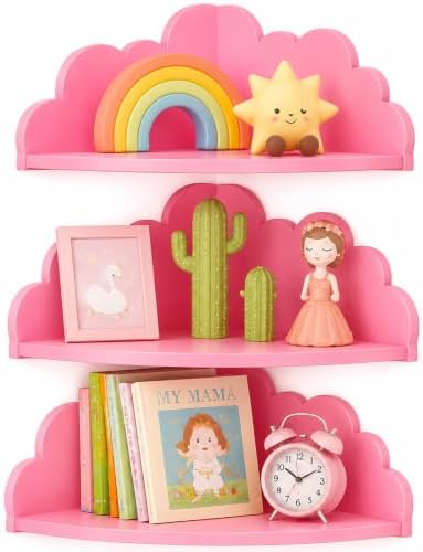 Cloud Corner Floating Shelves, Set of 3 Wall Mounted Shelves, Pink