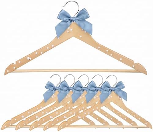 Wonderjune Bule 10 Pcs Bride Hanger for Wedding Bride Groom Bridesmaid Ribbon Bow Pearl Hanger Wood Color Elegant Wooden Dress for Bridal Shower Tuxedo Photo Keepsake Party Gift (Pearl Bow)