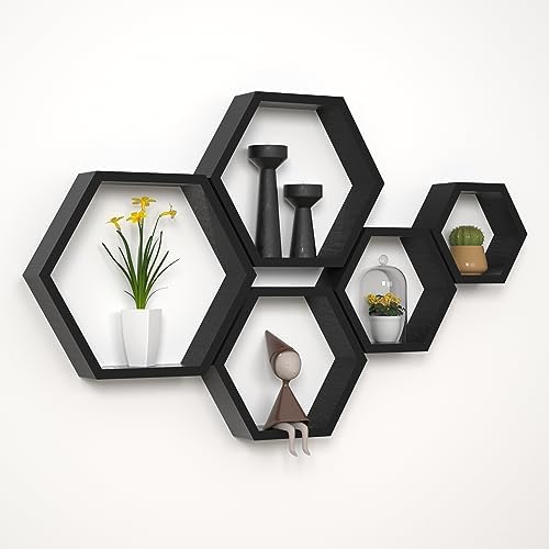 WONFUlity Hexagon Floating Shelves Honeycomb Wall Mounted Wood Farmhouse Storage for Bathroom, Kitchen, Bedroom, Living 