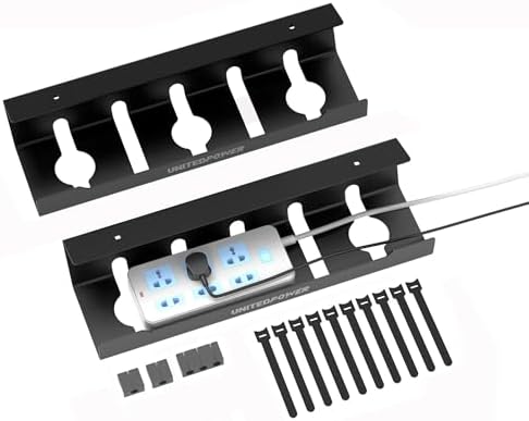 UNITEDPOWER Cable Management Tray, 2-Pack Metal Power Strip Holder for Under Desk Wire Cord Organizer, Office/Home，Black