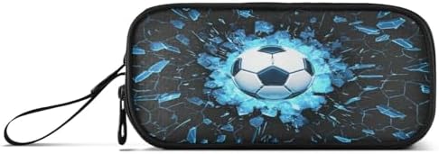 Soccer Ball Blue Lighting Cracked Pencil Case Big Capacity for Girl Boy Football Sports Student Pencil bag Pen Pouch Large Stationery 3 Compartments Zippers Organizer School College Office Teens