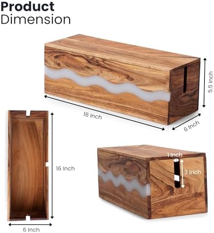 Acacia Wood & Epoxy Cable Management Box, 16X 6 X 5.5 Cable Hider Box, Cable Organizer Box Ideal for Under Desk Cable Ma
