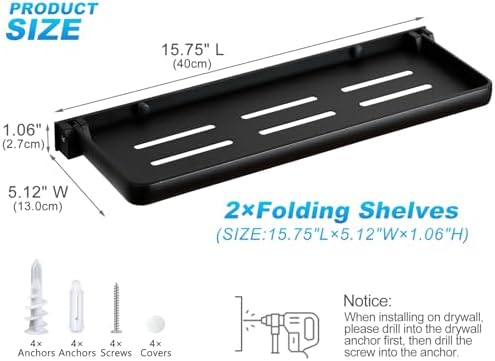 Folding Wall Shelf for Bathroom | 2-Tier Folding Metal Shelves | 90° Fold Up | Wall Mounted Drop Down Floating Shelf for