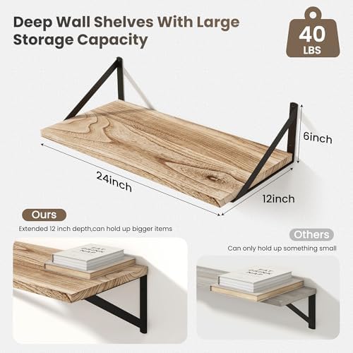 Marsmiles Deep Floating Shelves, 24'' x 12'' Light Wood Shelves Set of 2