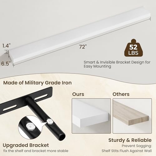 Axeman 72Inch Floating Shelves for Wall, 2 Packs, Invisible Brackets, White